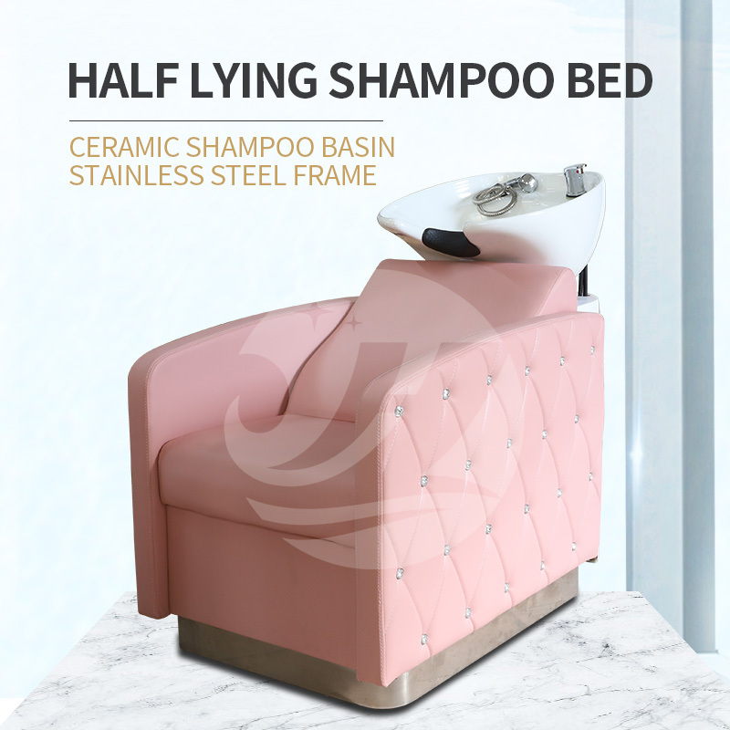 Modern salon furniture Hair salon equipment backwash shampoo unit bed reclining pink shampoo chair with ceramic bowl