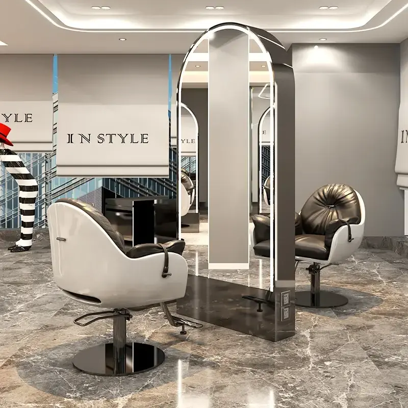 Salon furniture barbershop mirror with LED lights full body mirror station double sided floor-to-ceiling mirror