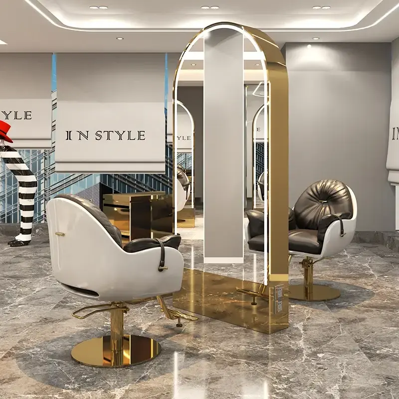 Salon furniture barbershop mirror with LED lights full body mirror station double sided floor-to-ceiling mirror