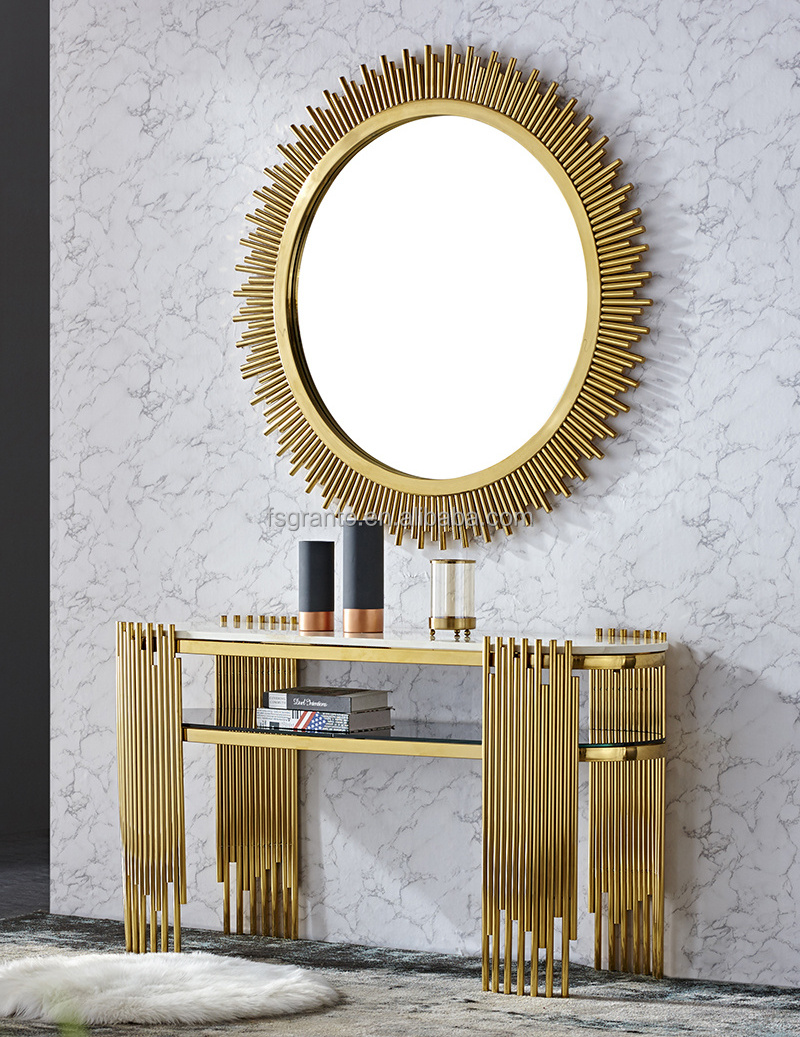 New arrival China Wholesale Gold ellipse console table entryway marble top stainless steel tables