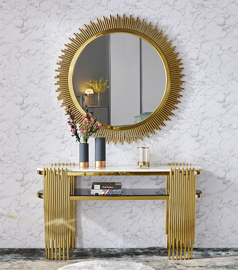 New arrival China Wholesale Gold ellipse console table entryway marble top stainless steel tables