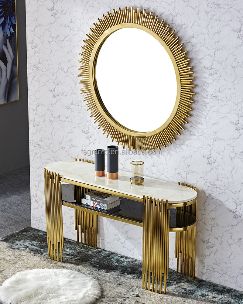 New arrival China Wholesale Gold ellipse console table entryway marble top stainless steel tables