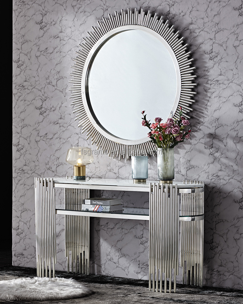 New arrival China Wholesale Gold ellipse console table entryway marble top stainless steel tables