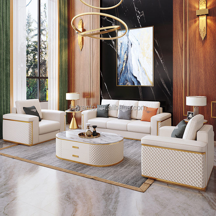 Elegant Living Room Furniture Set White PU Leather Gold Metal Sofa Set Modern Sofa