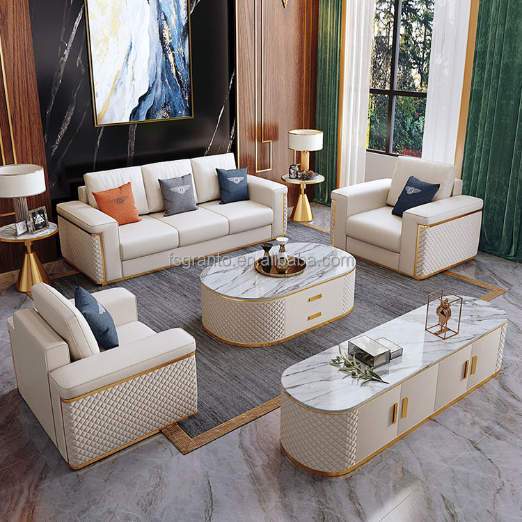 Elegant Living Room Furniture Set White PU Leather Gold Metal Sofa Set Modern Sofa