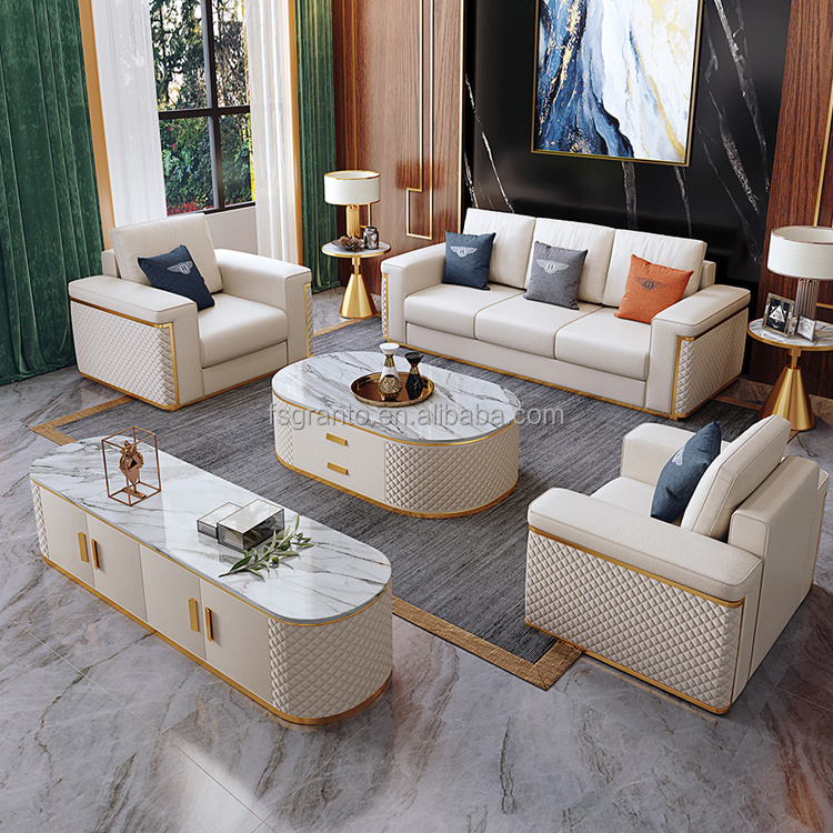 Elegant Living Room Furniture Set White PU Leather Gold Metal Sofa Set Modern Sofa