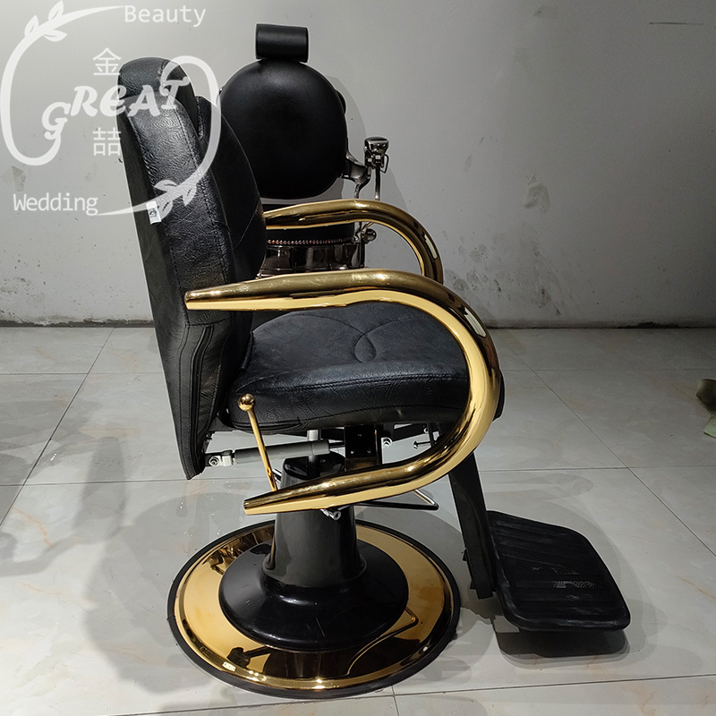 Hair salon black leather styling chair golden saloon second hand barber chair for sale