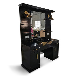 Barber shop furniture vintage storage salon mirror multifunctaional black wooden barber station with hair wash sink