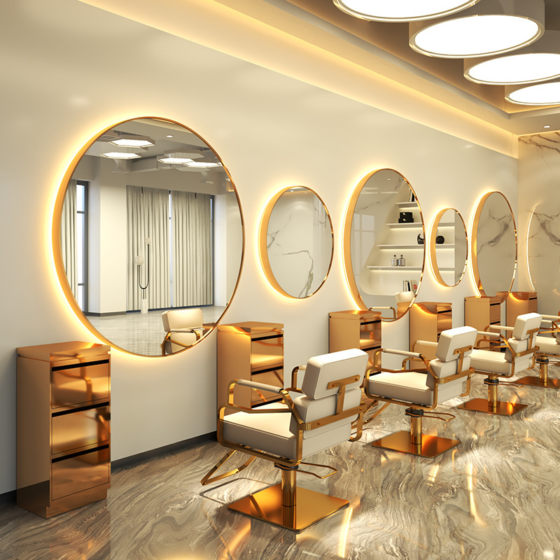 Modern hair salon wall mirror single sided barbershop station led light round beauty salon mirrors