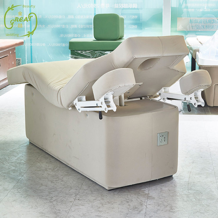 Multifunctional beauty salon beige lash bed electric treatment massage table with storage cabinet