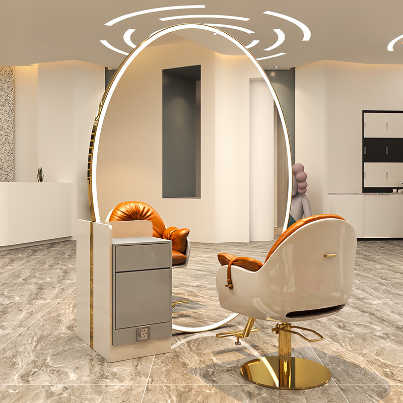 Modern beauty hair salon styling mirrors big oval double sided barber station with led light