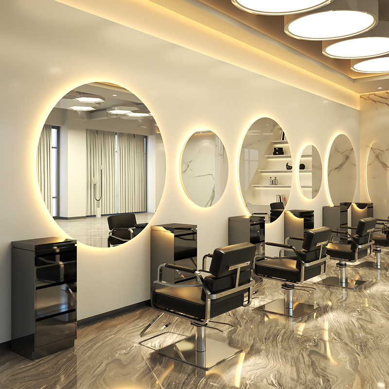 Modern hair salon wall mirror single sided barbershop station led light round beauty salon mirrors