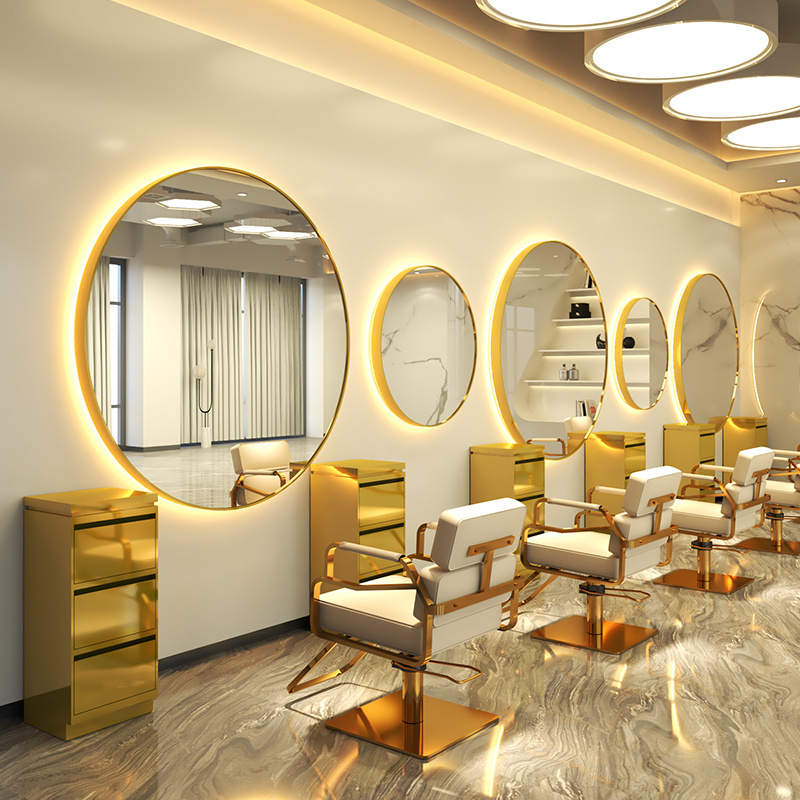 Modern hair salon wall mirror single sided barbershop station led light round beauty salon mirrors