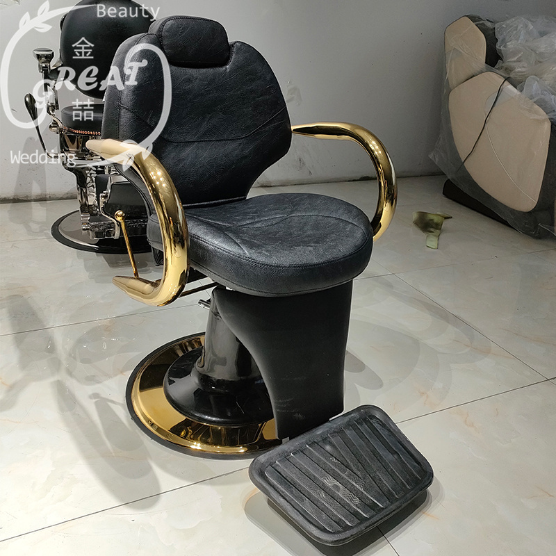 Hair salon black leather styling chair golden saloon second hand barber chair for sale