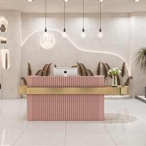 Modern luxury pink beauty salon spa wooden reception desk gold stainless steel frame front desk reception counter