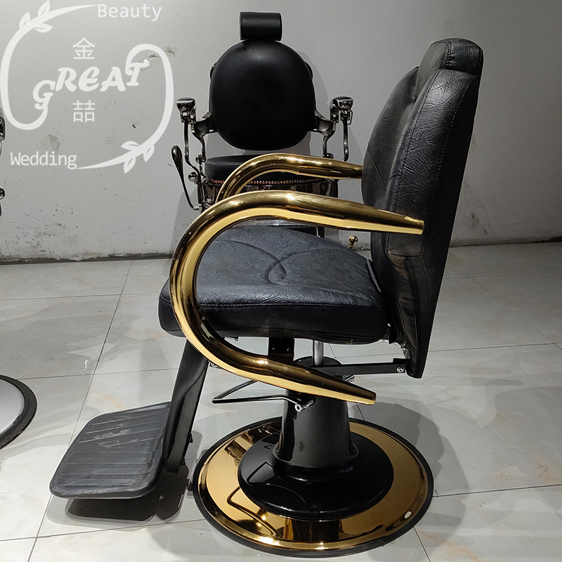 Hair salon black leather styling chair golden saloon second hand barber chair for sale