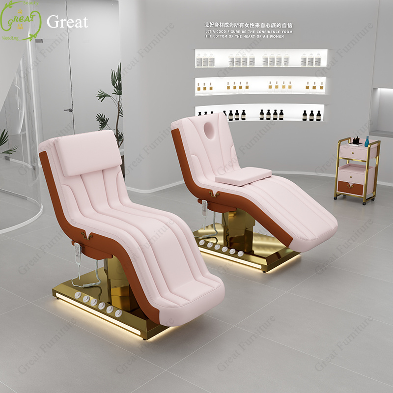 2024 New arrival design pink leather gold base massage table 3 motor electric facial spa bed with foot control