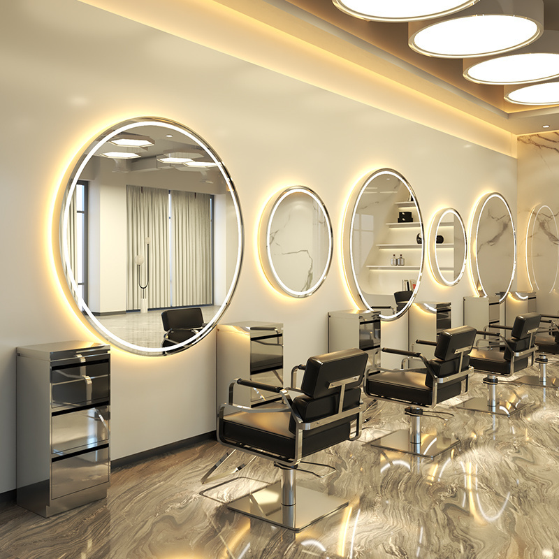 Modern hair salon wall mirror single sided barbershop station led light round beauty salon mirrors