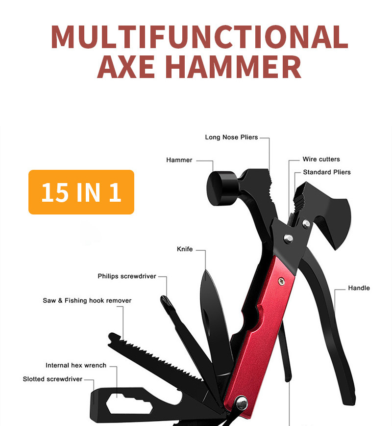 15 in 1 Aluminum Handle Tools Multifunctional Axe Foldable Hammer Knife Pliers Camping Accessories With Axe Hammer