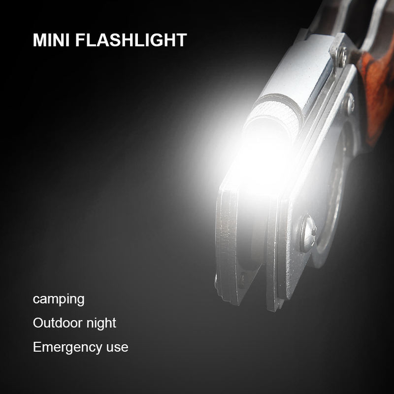 Mini Flashlight LED Light Stainless Steel Multi-Tool Folding Knife multi tool  engrave wooden handle tactical pocket knife