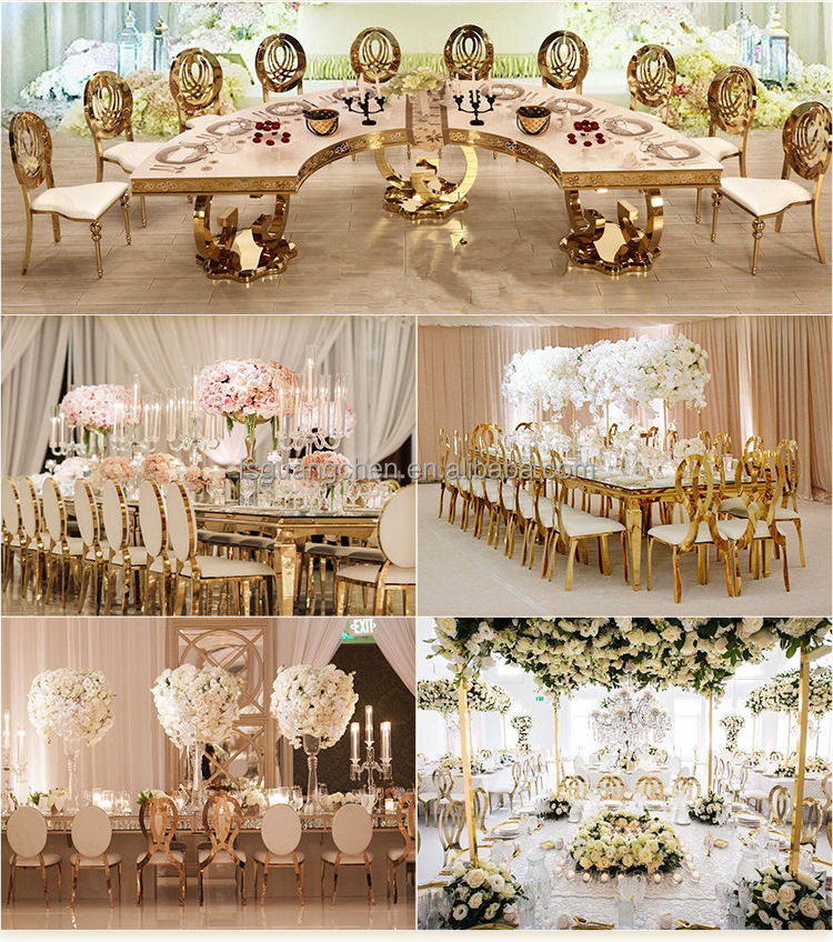 wholesale dominate round mirror glass top gold stainless steel wedding table banquet tables and chairs for event party