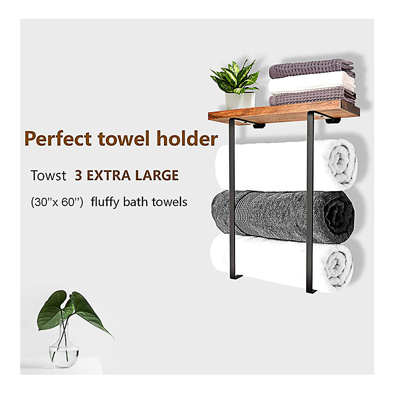 Towel Racks for Bathroom Wall Mounted, Metal Towel Holder with Wooden Shelf, Rolled Bath Towel and Hand Towel Storage Organizer