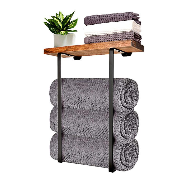 Towel Racks for Bathroom Wall Mounted, Metal Towel Holder with Wooden Shelf, Rolled Bath Towel and Hand Towel Storage Organizer