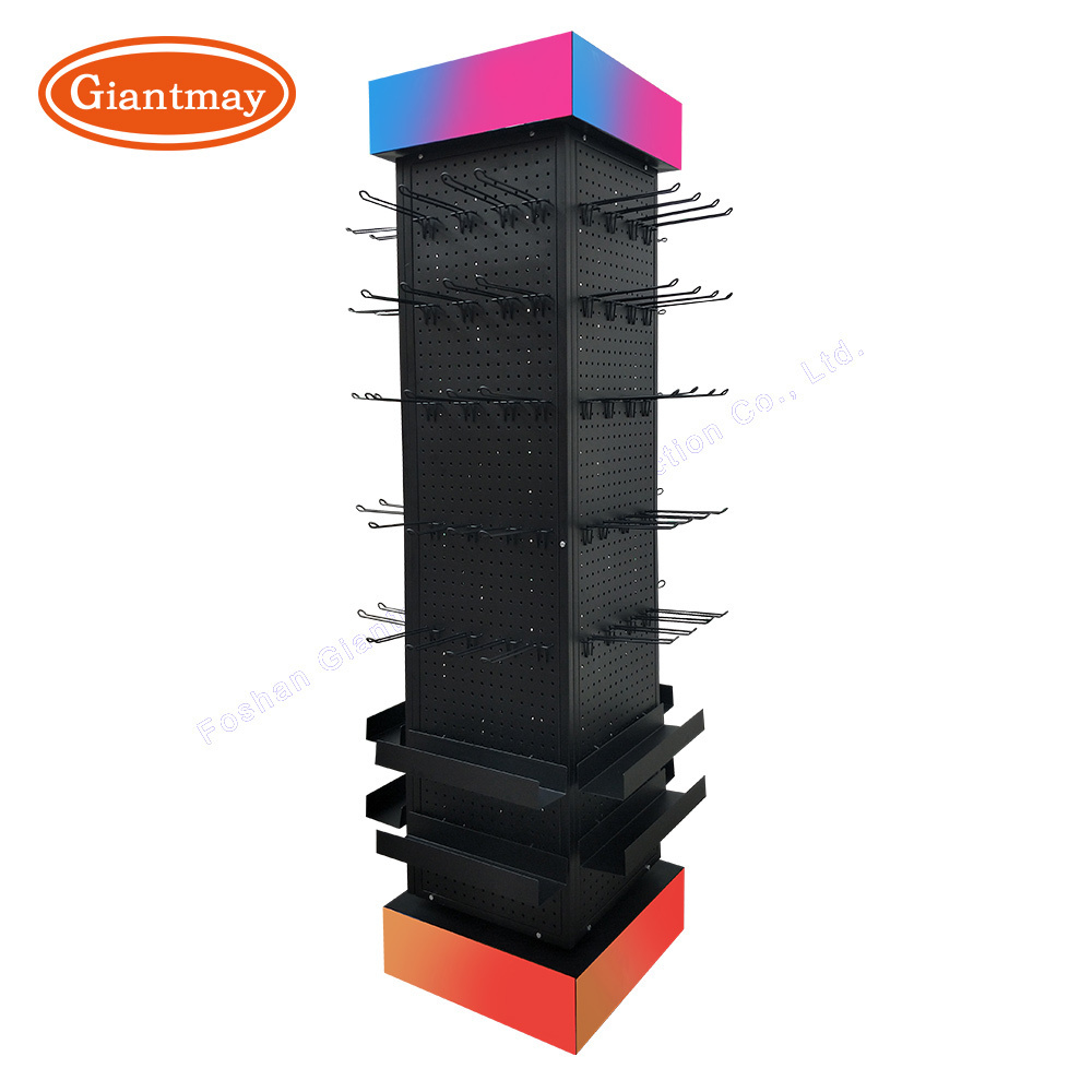 Wholesale 4 Side Rotating Display Stand Metal Pegboard Shelf Tools Accessories Retail Shop merchandise products Display Rack