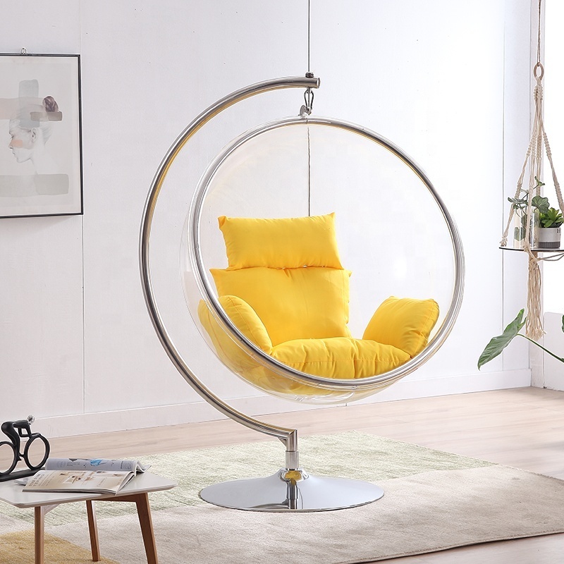 Modern Contemporary Clear Acrylic Accent Swing Hanging Bubble Chair with Gold Metal Base and Durable Fabric Seat