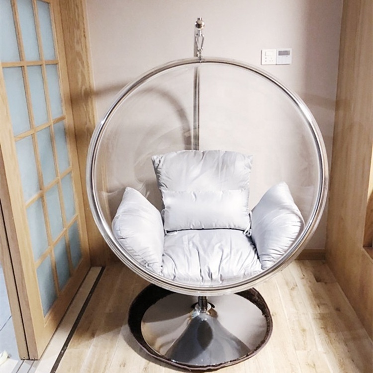 Modern Contemporary Clear Acrylic Accent Swing Hanging Bubble Chair with Gold Metal Base and Durable Fabric Seat