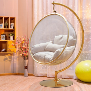 Modern Contemporary Clear Acrylic Accent Swing Hanging Bubble Chair with Gold Metal Base and Durable Fabric Seat