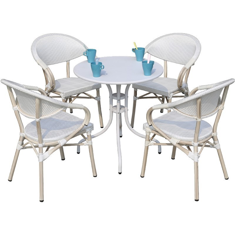 Outdoor Stackable Garden Aluminum Dining Tables and Chairs French Bistro Chair Restaurant Teslin Mesh Furniture