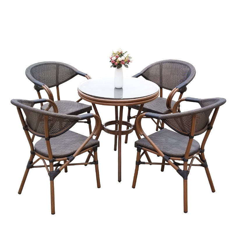 Outdoor Stackable Garden Aluminum Dining Tables and Chairs French Bistro Chair Restaurant Teslin Mesh Furniture