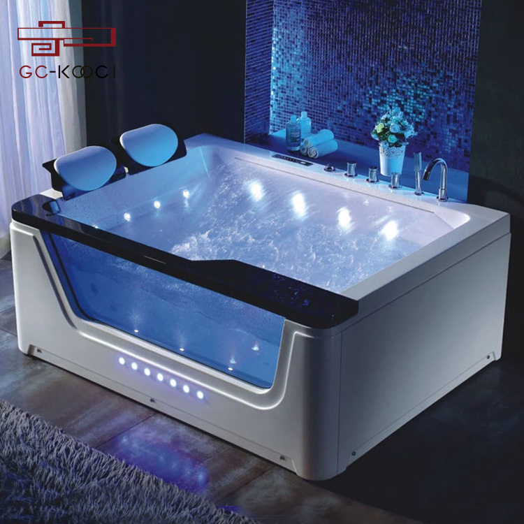 Indoor Acrylic double seat waterfall whirlpool massage bathtub colorful night light