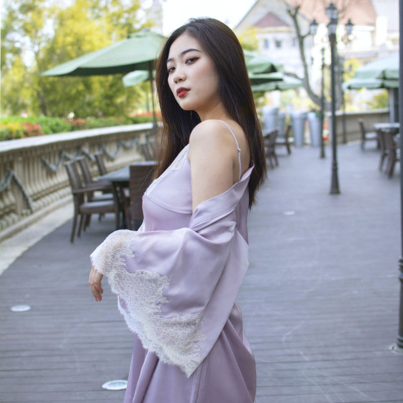 GuiXiu Factory Wholesale Custom silk satin robes women  robes sleeping sets Bridesmaid Lavender Satin Lace Robes