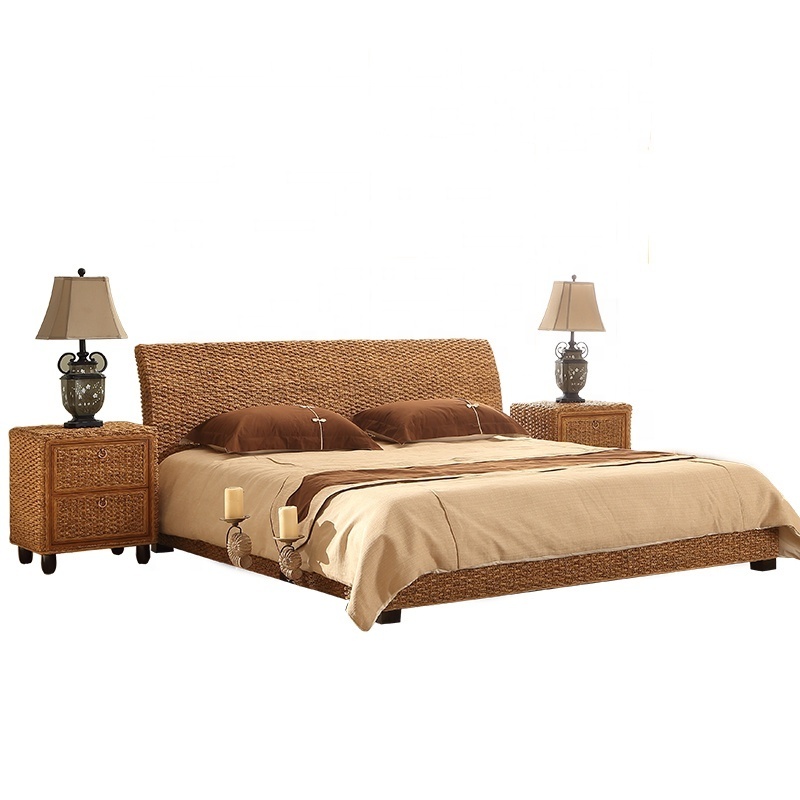 Unique Indoor Design Rattan Seaweed Wicker Bedroom Furniture Queen Size Bed Home Furniture Fabric Headboard High Quality Modern