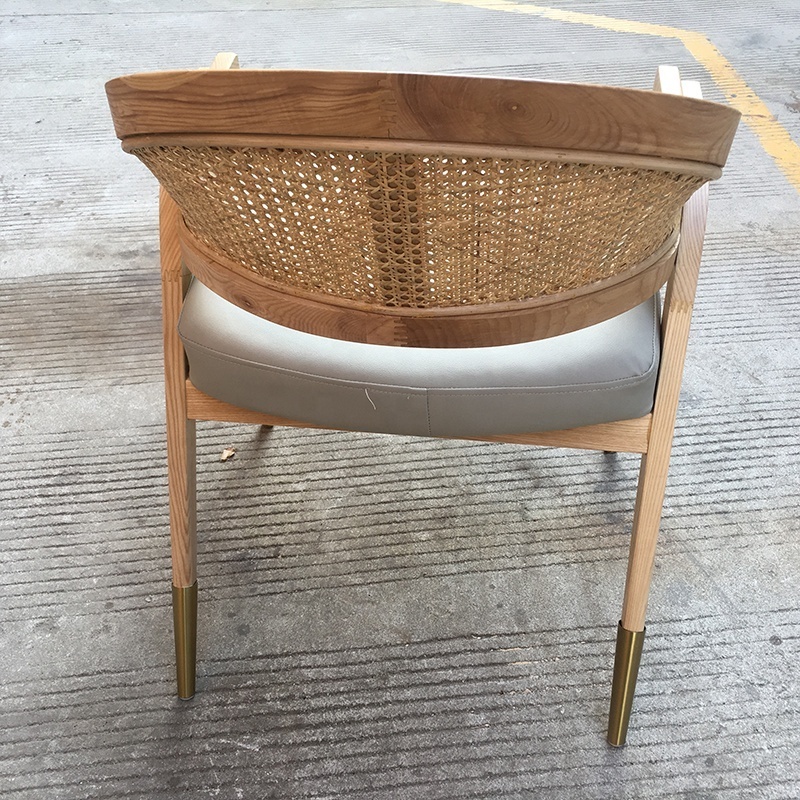 Hotselling Boho Nordic Style Hotel Cafe Gold Colour Steel Legs Wooden Cane Rattan Back Restaurant Dining Chair