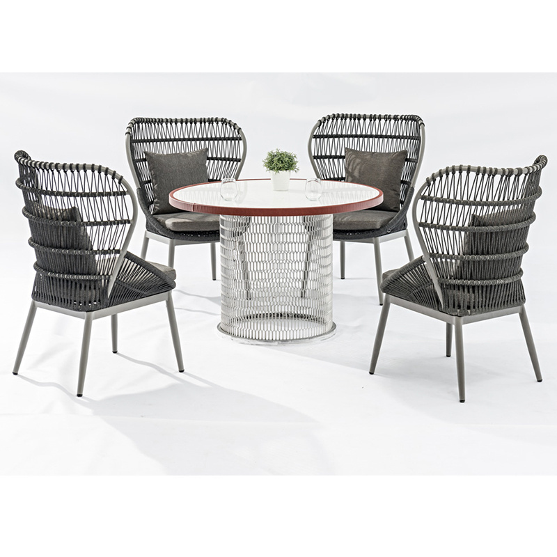 Modern Design Rope Outdoor Furniture Marble or Glass Top Webbing Cords Dining Table And Chairs Set