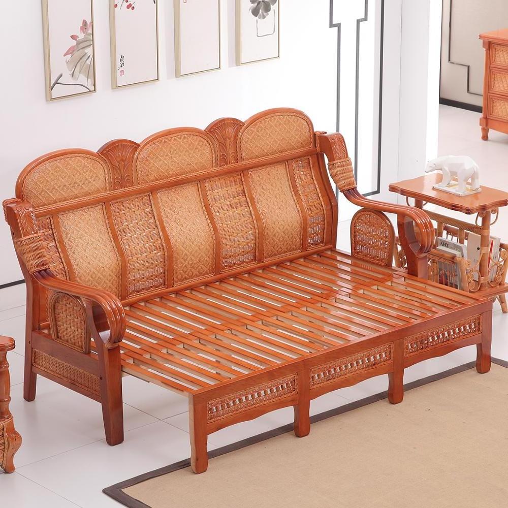 Unique Convertible Transformer Pull Out Cane Wood Sofa Cum Bed Designs Living Room Furniture  set