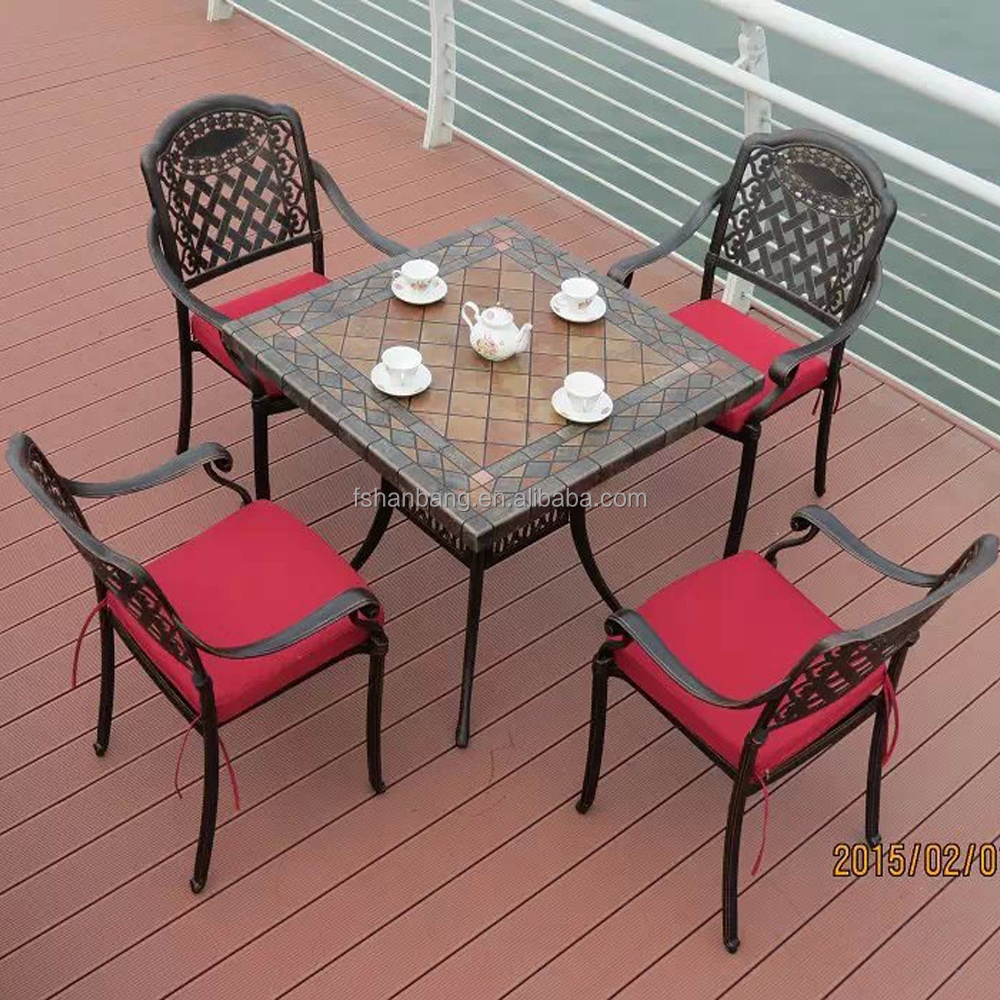 Outdoor Garden Patio Terrace Deck Furniture Set Square Round Marble Mosaic Table Top with Wrought Iron Legs