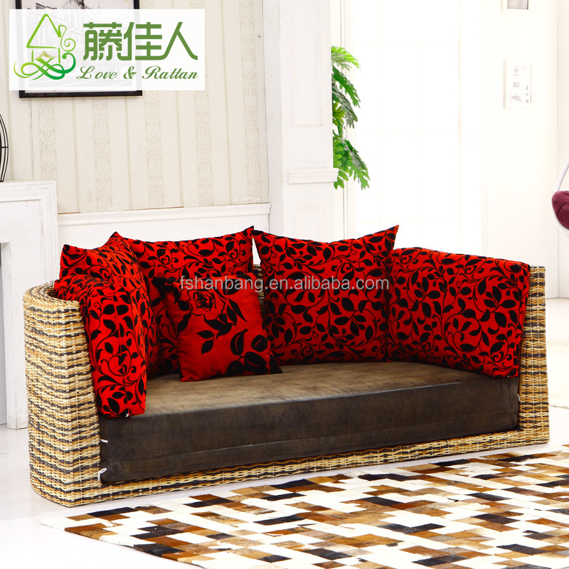 Half Circle Water Hyacinth Natural Rattan Leather Round Sofa Cum Bed