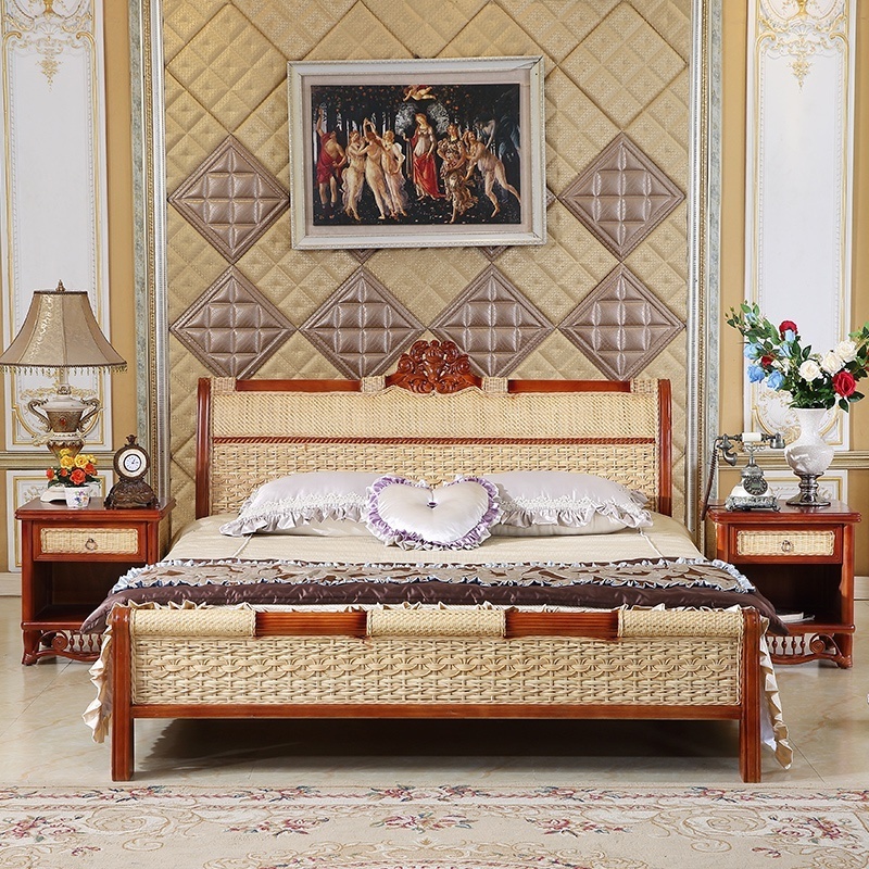 India Bedroom Set  Confortable Cane Wood Furniture Bed With Bed Stand