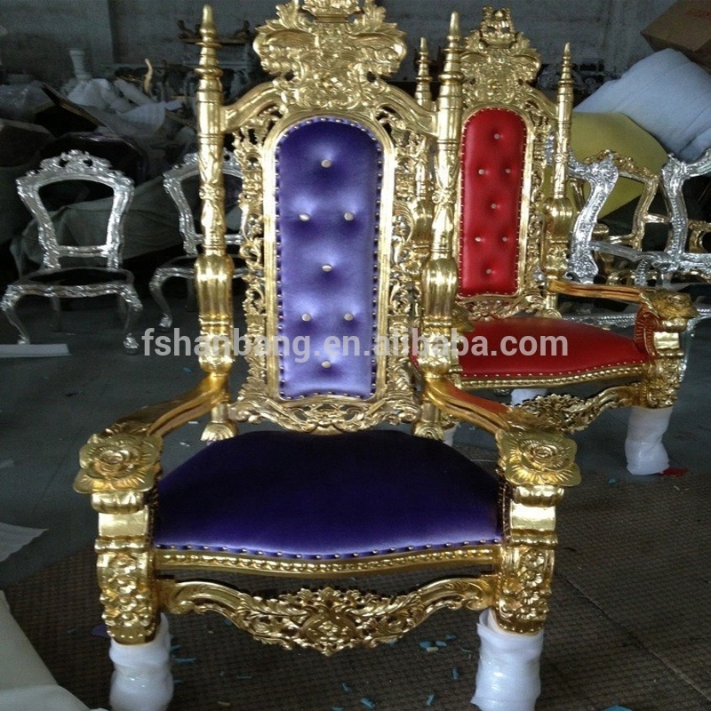 Luxury Reception Carved Wooden Leather Fabric King Queen  Throne Indian Wedding Mandap Chair