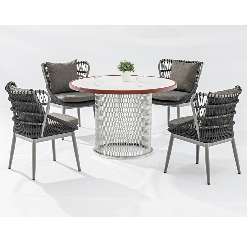 Modern Design Rope Outdoor Furniture Marble or Glass Top Webbing Cords Dining Table And Chairs Set