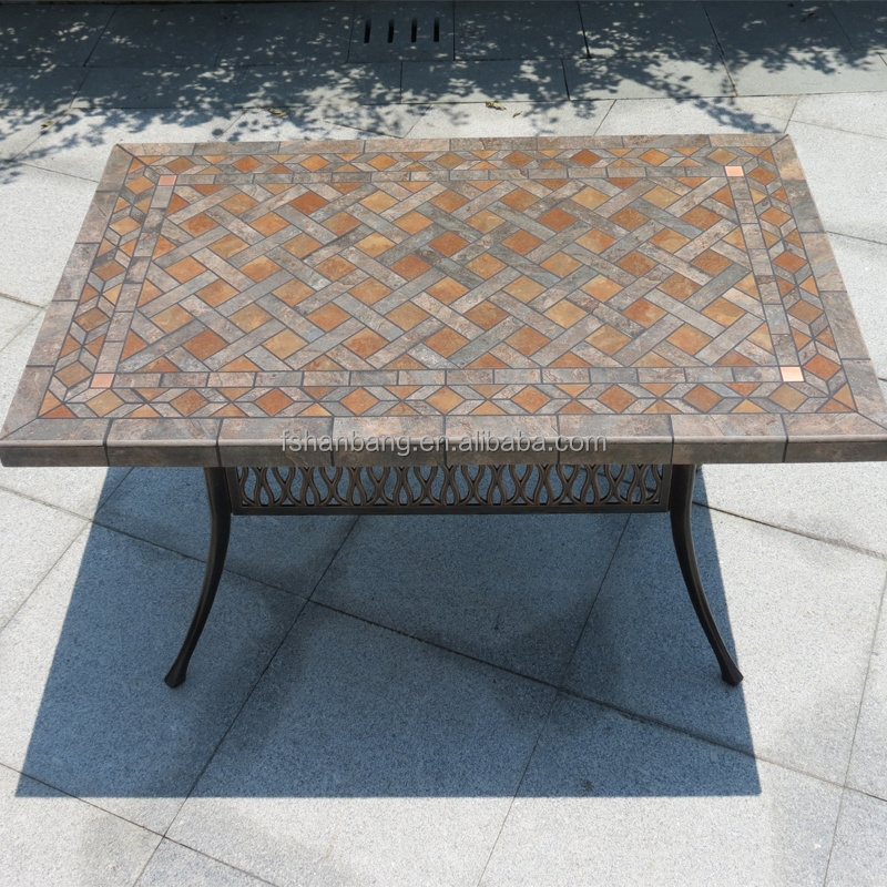 Outdoor Garden Patio Terrace Deck Furniture Set Square Round Marble Mosaic Table Top with Wrought Iron Legs