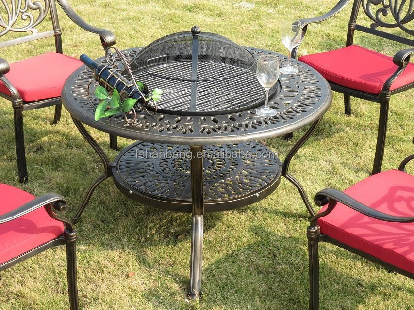 Round Bronze Outdoor Patio Garden Furniture Cast Aluminum Metal Fire Pit Table Set with Cover