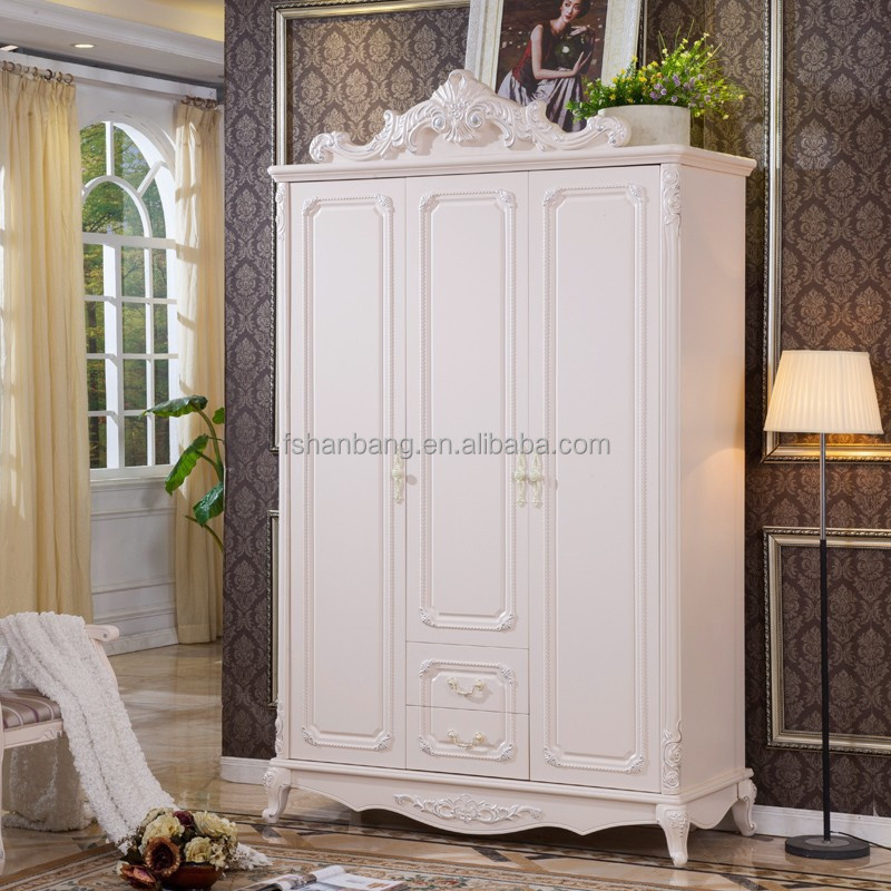 White Antique French European Style 3 Door Carved Wooden Wedding Bedroom Furniture Clothes Cabinet Wardrobe