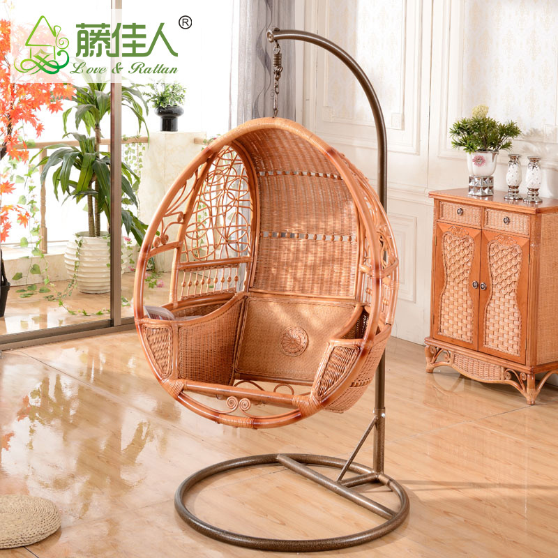 Rattan Bamboo Cane Hanging Oval Egg Chair with Footrest