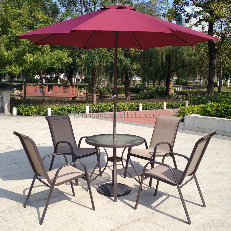 6 piece Outdoor Garden Patio Furniture Glass Aluminum Dining Table Sling Chair Umbrella Set