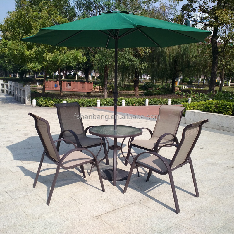 6 piece Outdoor Garden Patio Furniture Glass Aluminum Dining Table Sling Chair Umbrella Set